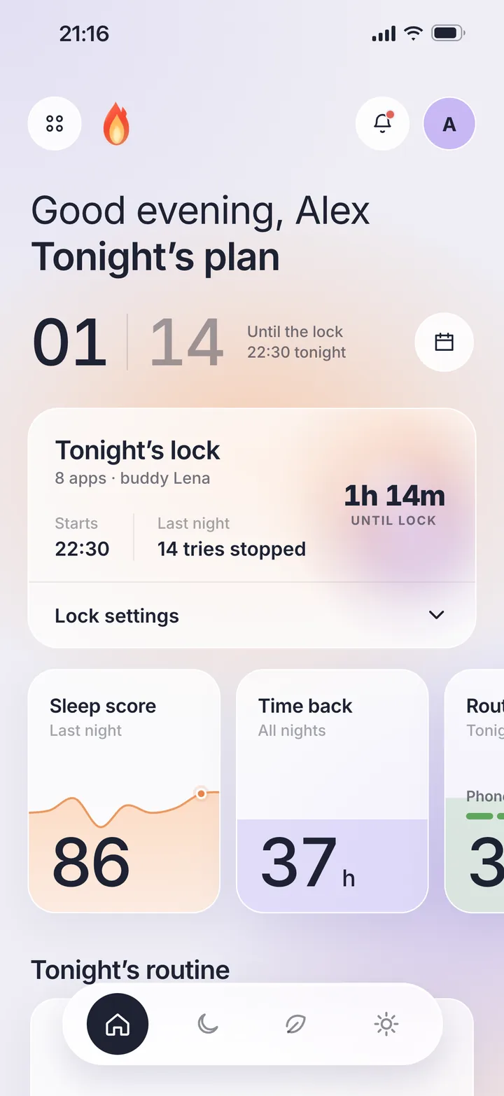 Sprout's Home screen: tonight's lock starts at 22:30, with last night's sleep score and the hours given back.
